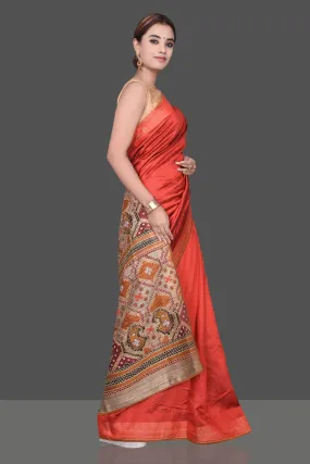 90K182 Brick Red Kantha Work Raw Silk Saree