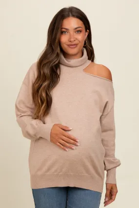 Beige Cold Shoulder Turtle Neck Maternity Sweater