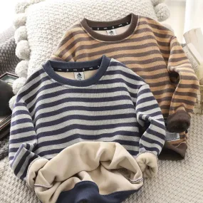 Boys' Fleece-Lined Sweater New Children's Stripe Thickening Warm