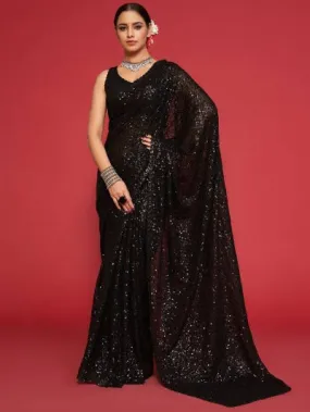 Classy Black Georgette Sequence Work Partywear Saree