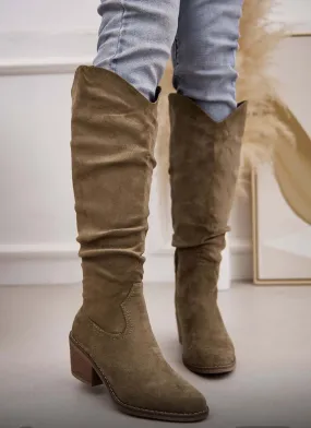 Faux Suede Khaki Knee High Western Style Boots