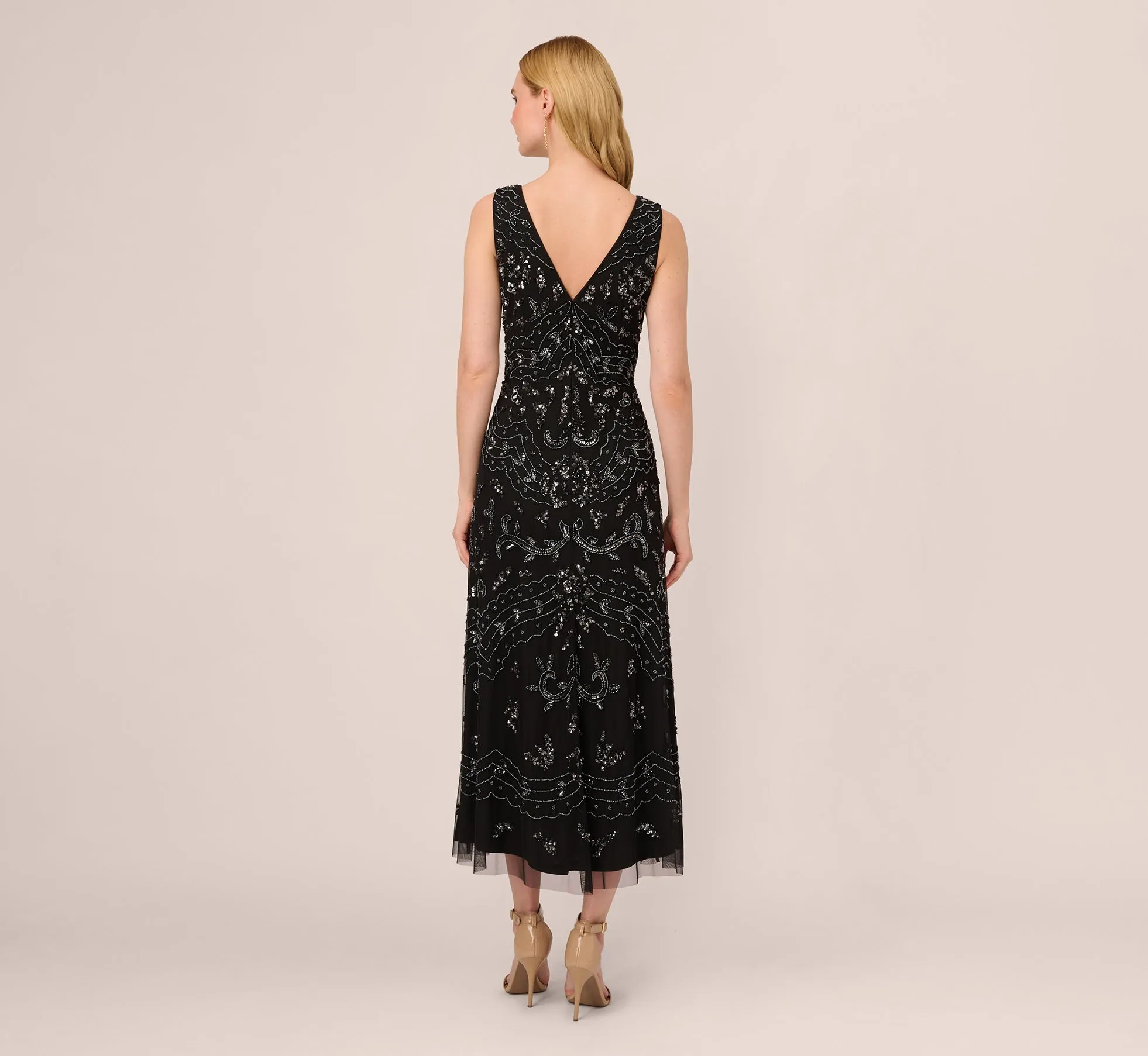 Hand-Beaded Ankle-Length Dress In Black Gunmetal